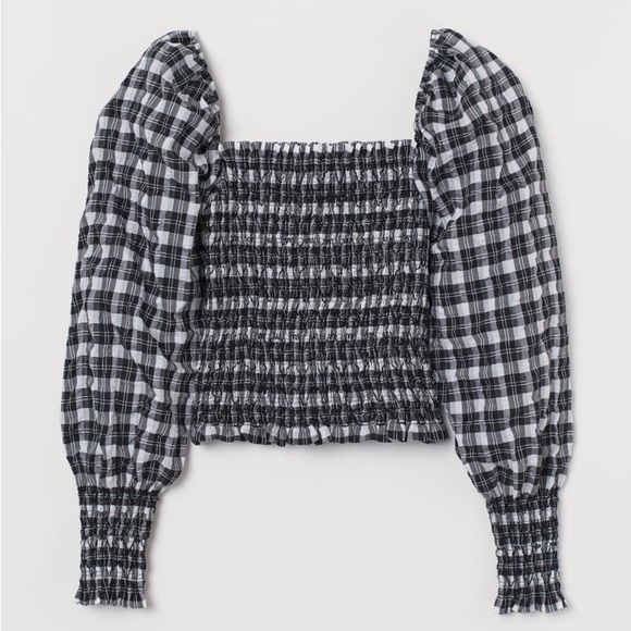 H&M  Black/White Plaid Smocked Top - Picture 1 of 5